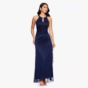 Navy Women's Long Maxi Halter Dress Sheer Matte Jersey With Lace Gown Size 12
